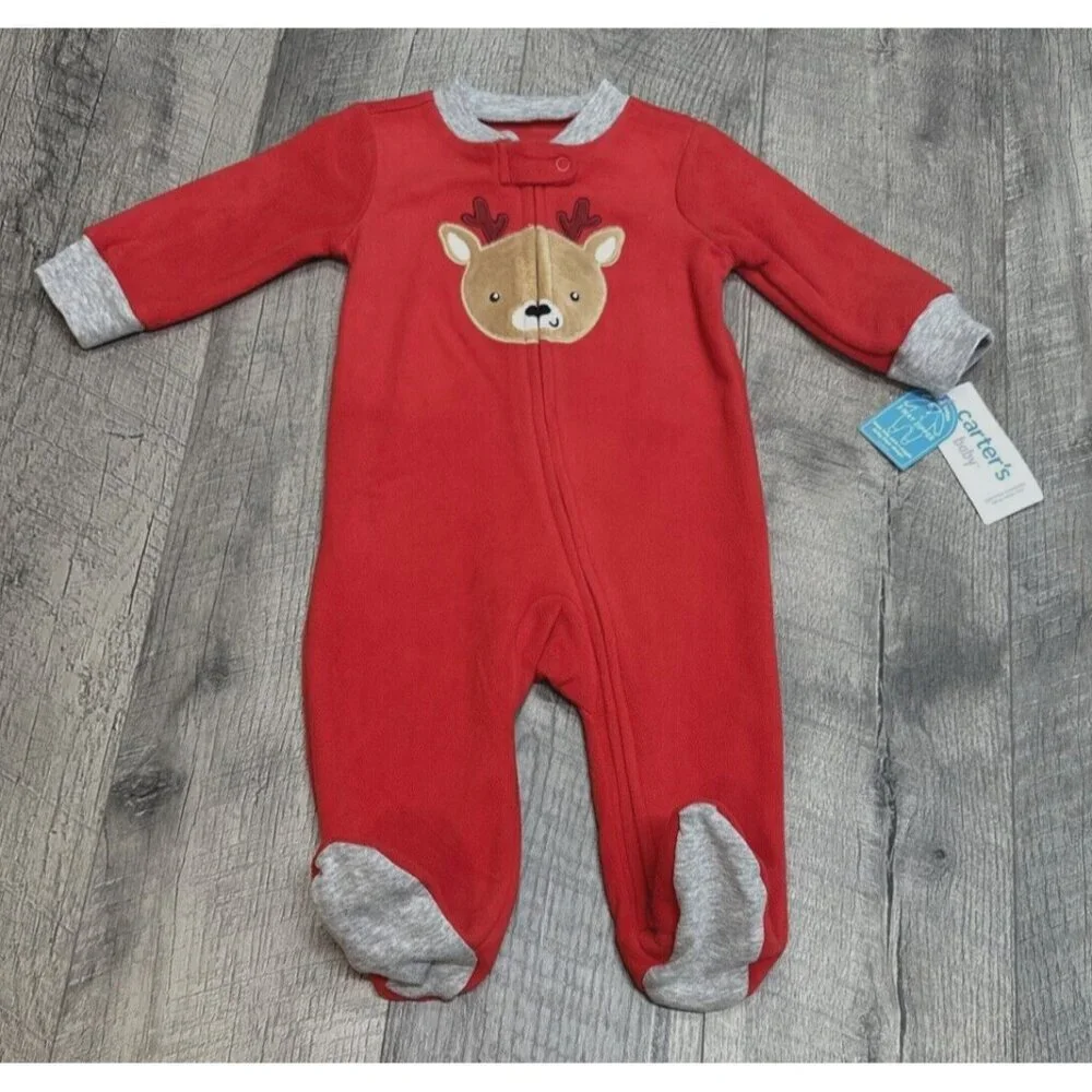 Carters Baby Sleepwear Footie Fleece Reindeer 6 Month Red 2 Way‎ Zipper NEW